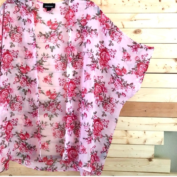 Joe Boxer Pink Floral Print Open Front Lightweight see through cardigan /CoverUp - Picture 2 of 5